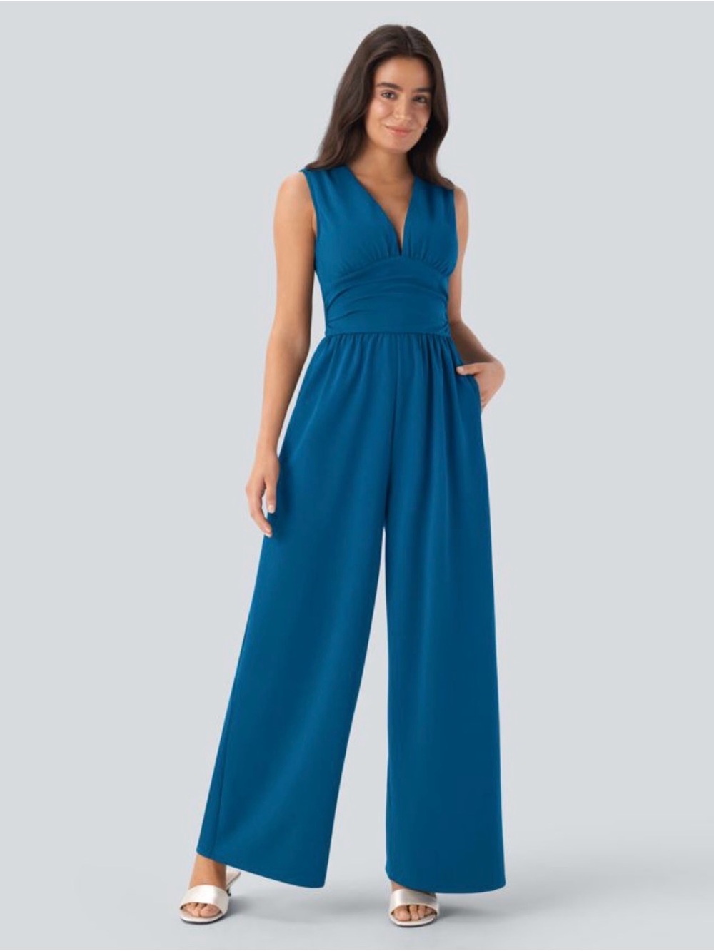 HALARA Teal Sleeveless V-Neck Wide-Leg Jumpsuit